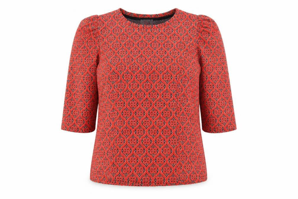 Front view of Savioa women’s red round neck geometric polyester jumper, size XL