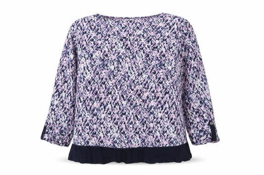Front view of Dash women’s purple scoop neck geometric cotton jumper, size UK 16