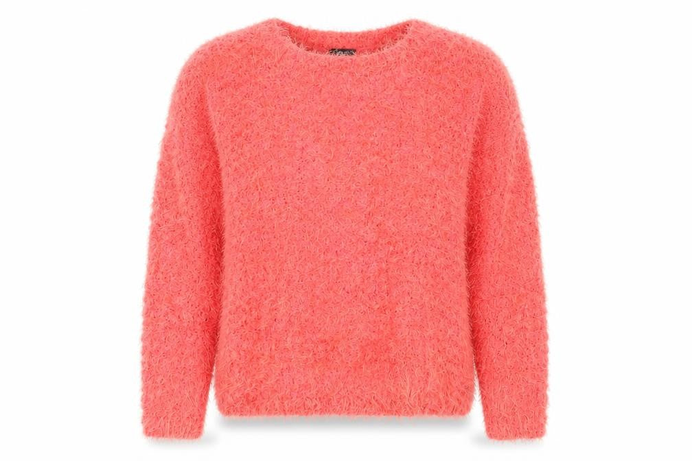 Front view of F&F women’s red crew neck polyester jumper, size UK 8