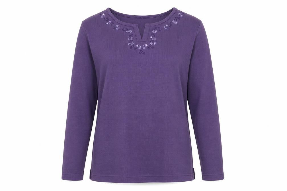 Front view of Bonmarché women’s purple round neck polyester jumper, size S