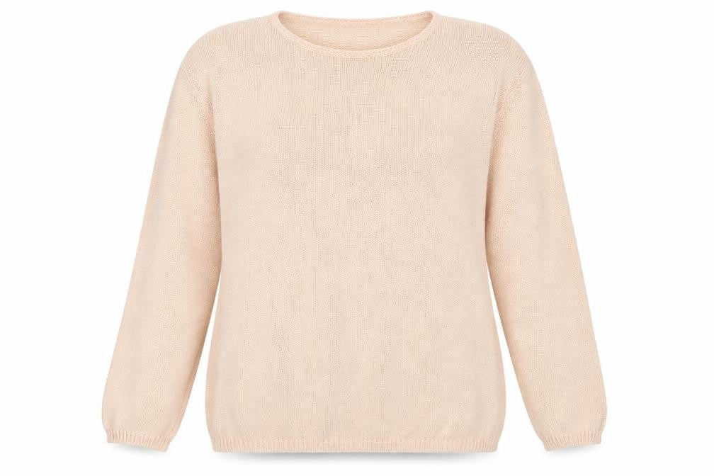 Front view of Marks & Spencer women’s pink round neck cotton jumper, size UK 14