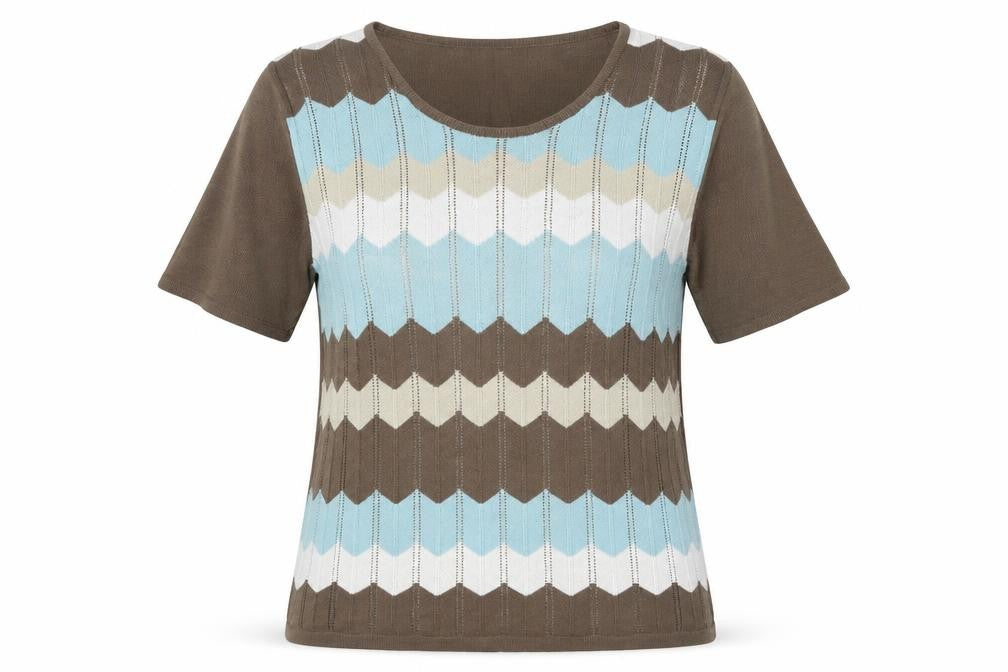 Front view of Oscar B women’s brown round neck geometric viscose jumper, size S