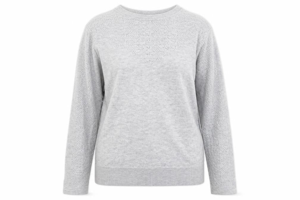 Front view of Warehouse women’s grey round neck viscose jumper, size UK 10