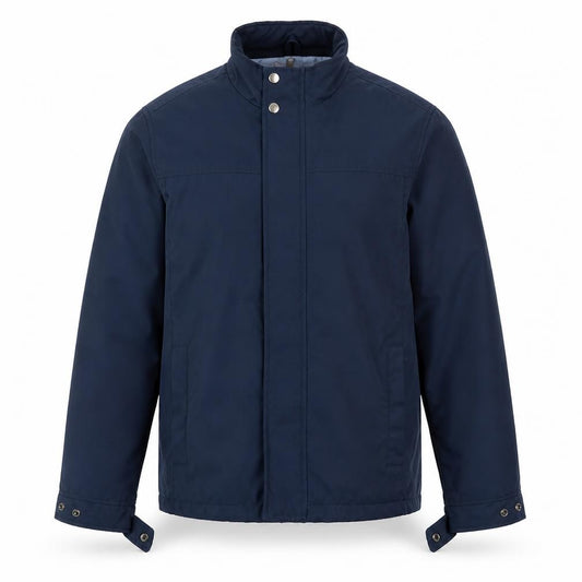 Front view of Hutson Harbour men’s blue jacket, size S, button