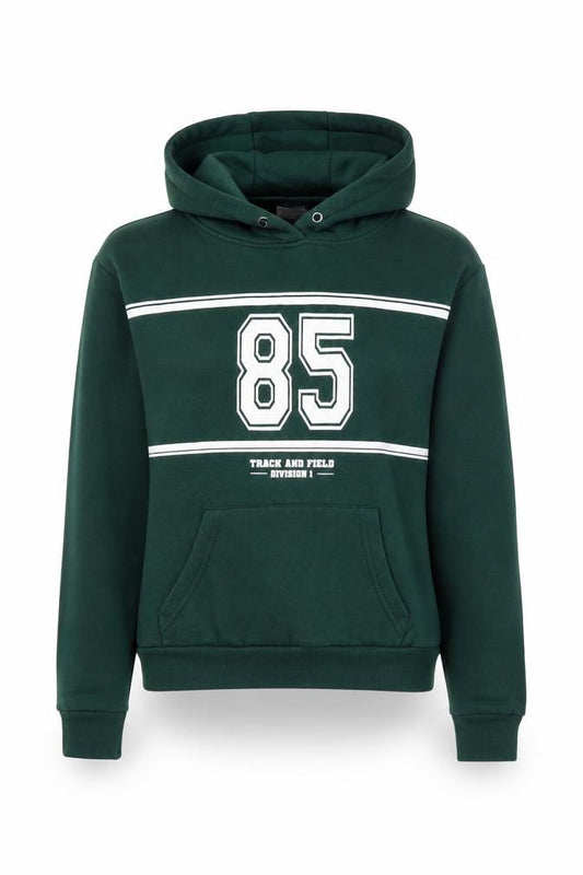 Front view of Primark women’s green polyester pullover hoodie, size XS, - eighty five