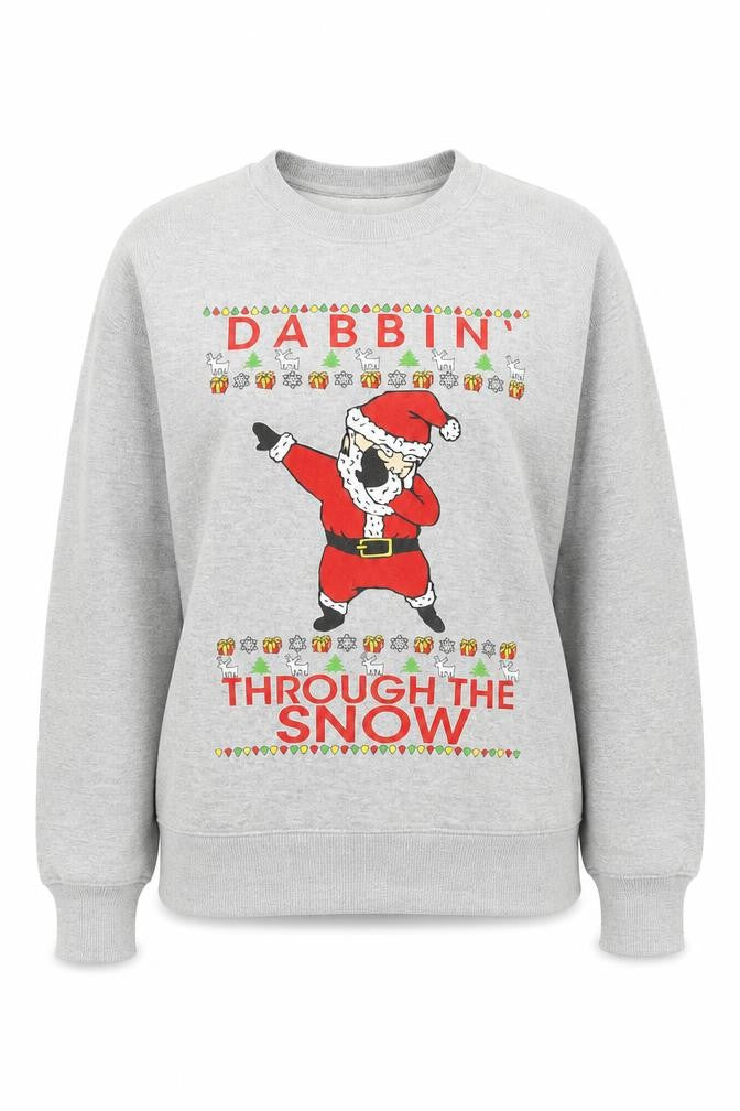 Front view of women’s grey polyester blend pullover sweatshirt, size UK 12, - santa