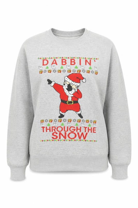Front view of women’s grey polyester blend pullover sweatshirt, size UK 12, - santa