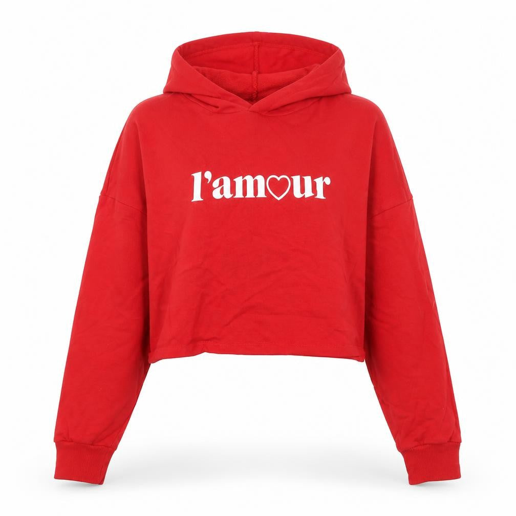 Front view of H&M women’s red cotton pullover sweatshirt, size S, - heart