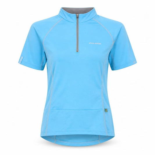 Front view of Polaris women’s blue polyester basic t-shirt, size UK 10, high neck