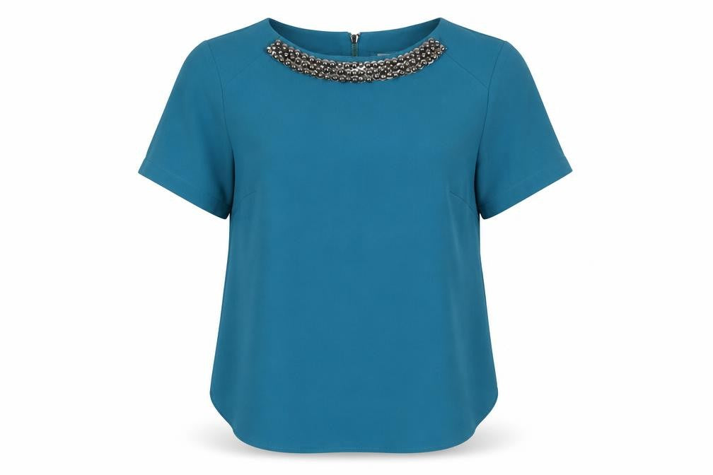 Dunnes Womens Blue  Polyester Basic Blouse Size 10 Round Neck - Embellished Neckline