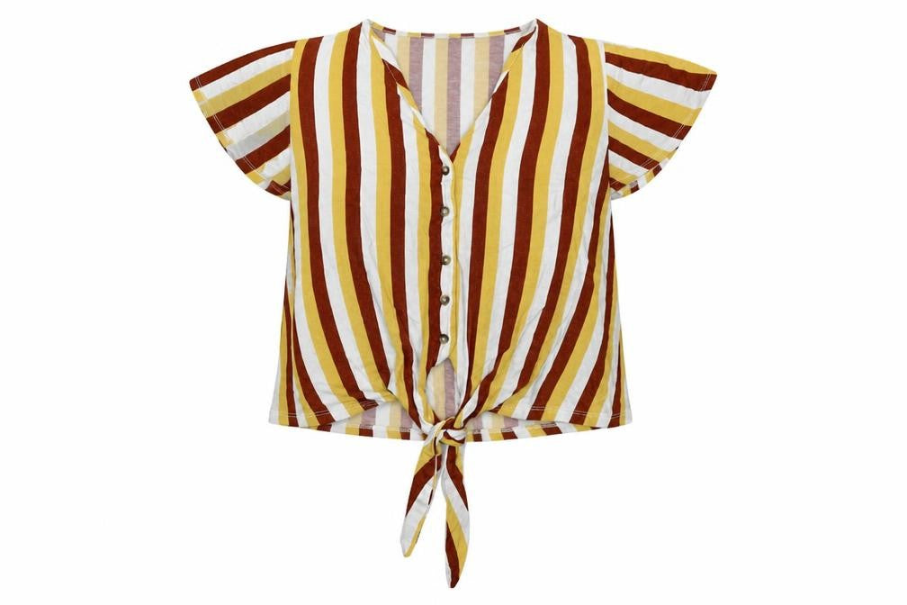 Front view of New Look women’s yellow striped viscose basic blouse, size UK 8, v-neck