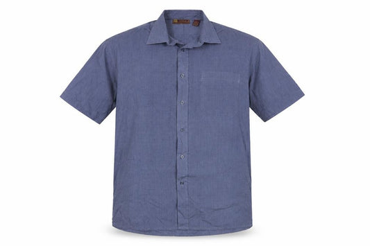 Front view of Hazard men’s blue polyester button-up, size L, collared button