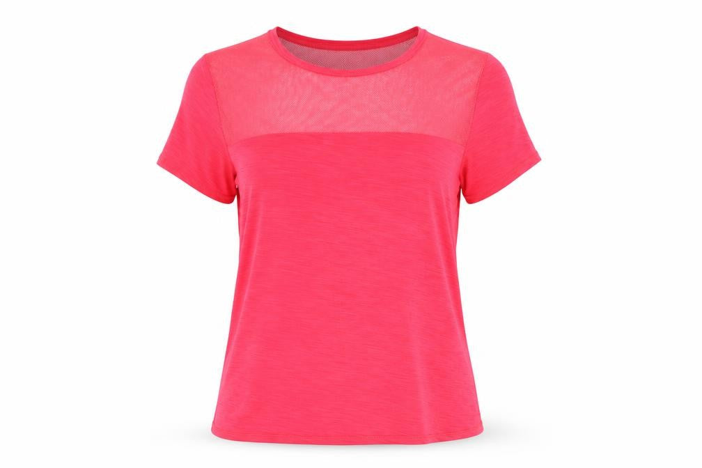 Front view of New Look women’s pink polyester basic t-shirt, size S, crew neck