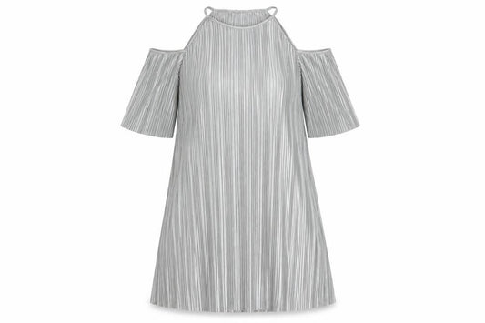 Front view of Glamorous women’s silver polyester shift, size UK 10, round neck button