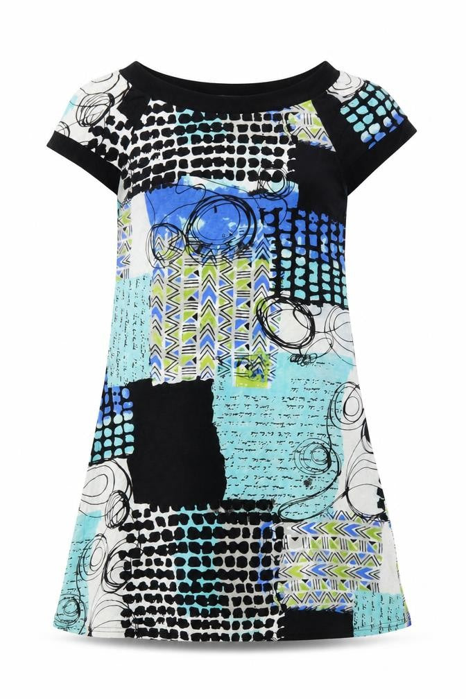 Front view of Insolente women’s multicoloured geometric viscose shift, size M, boat neck pullover