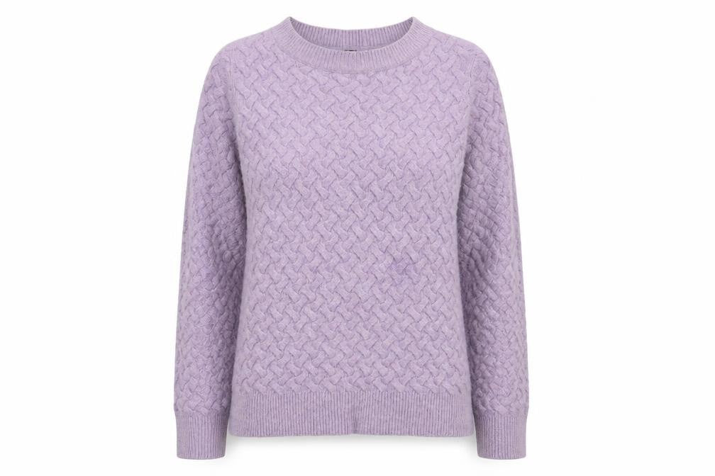 Front view of M&Co women’s purple boat neck polyester jumper, size UK 12