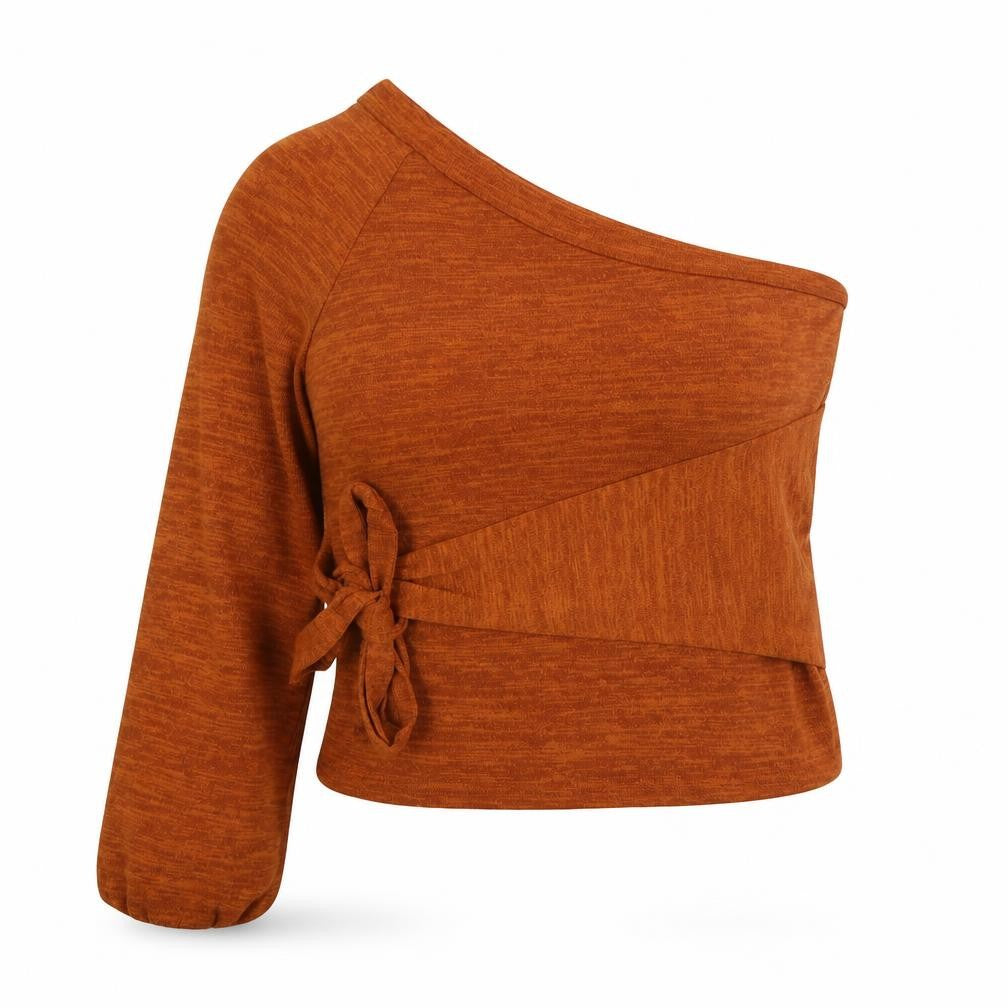Front view of SHEIN women’s brown polyester basic t-shirt, size XL, one shoulder