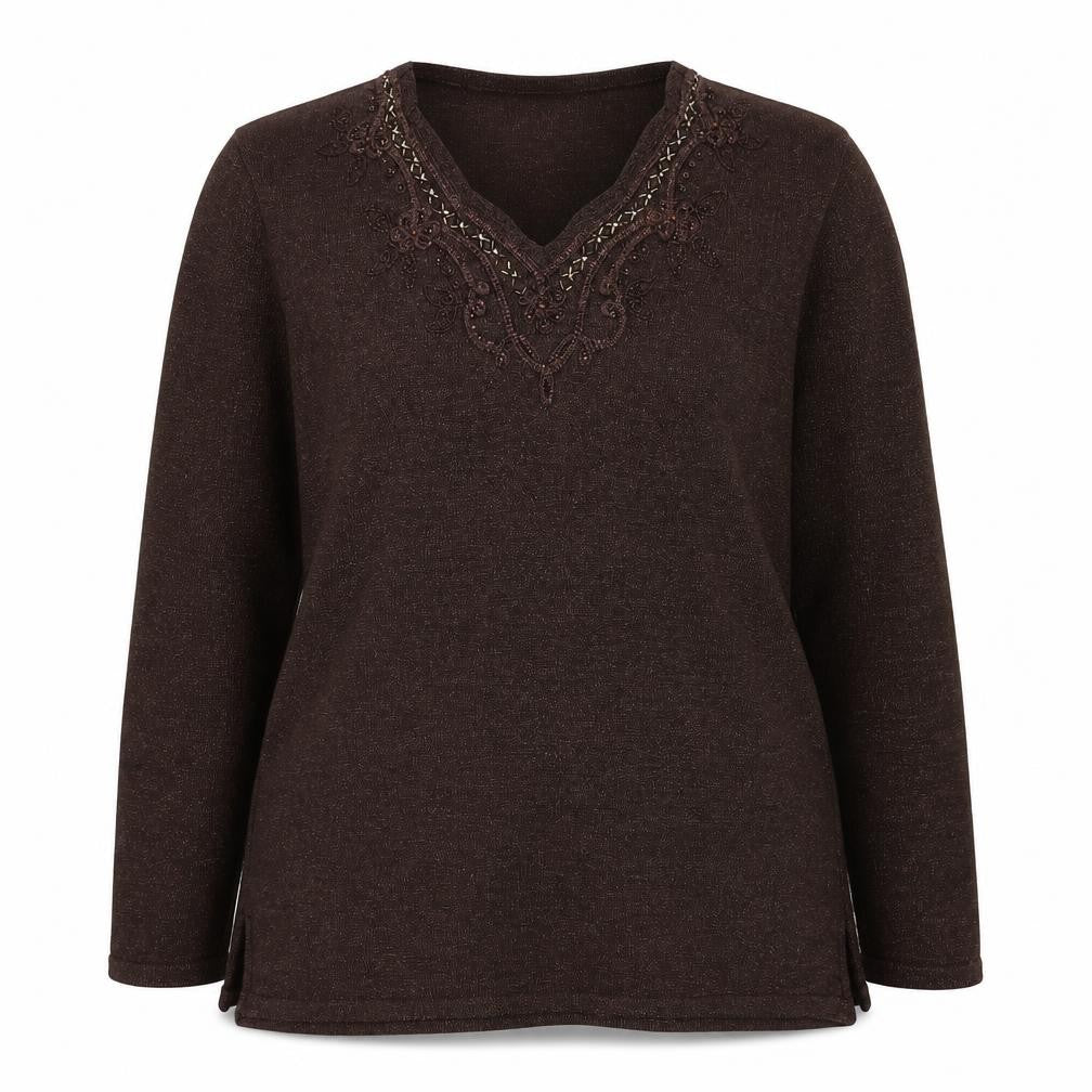 Front view of Reflect women’s brown v-neck geometric acrylic jumper, size M