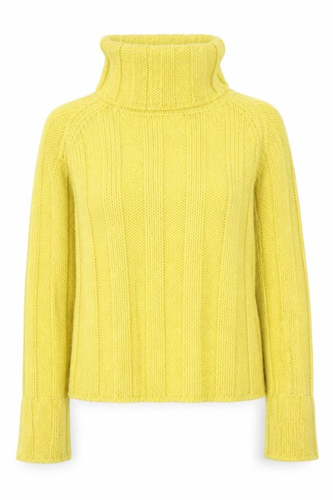 Front view of Preworn women’s yellow high neck polyester jumper, size M