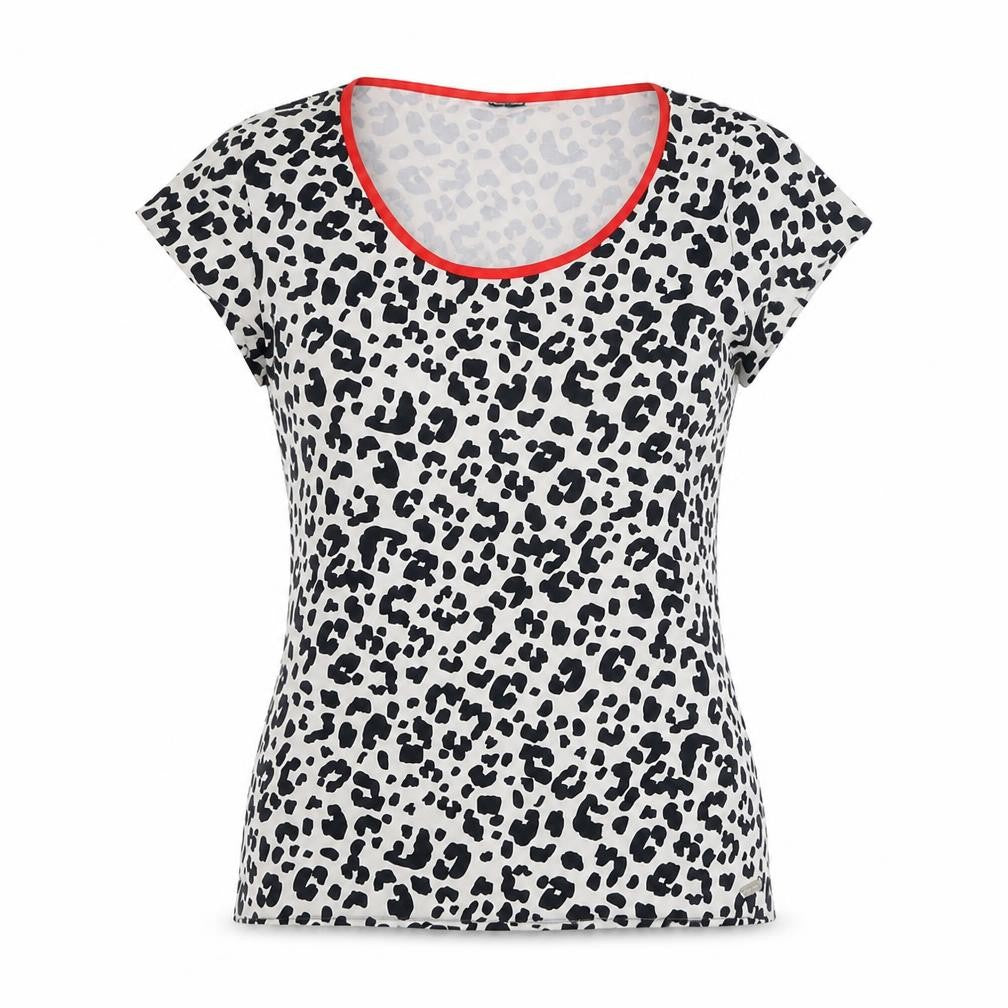 Front view of Preworn women’s black animal print polyamide basic t-shirt, size S, round neck
