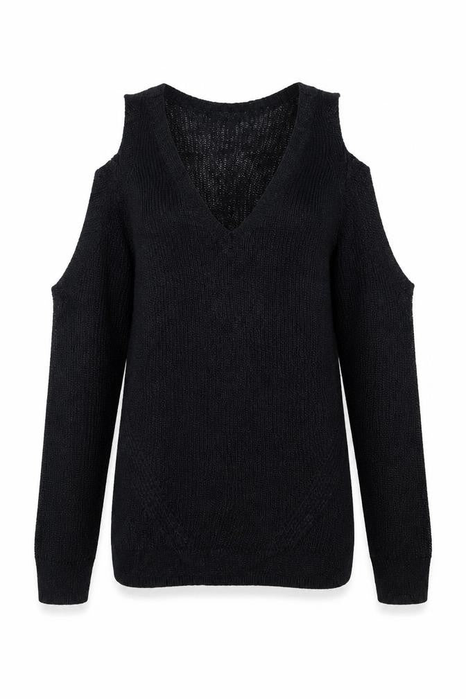 Front view of Next women’s black v-neck acrylic jumper, size UK 6, - cold shoulder