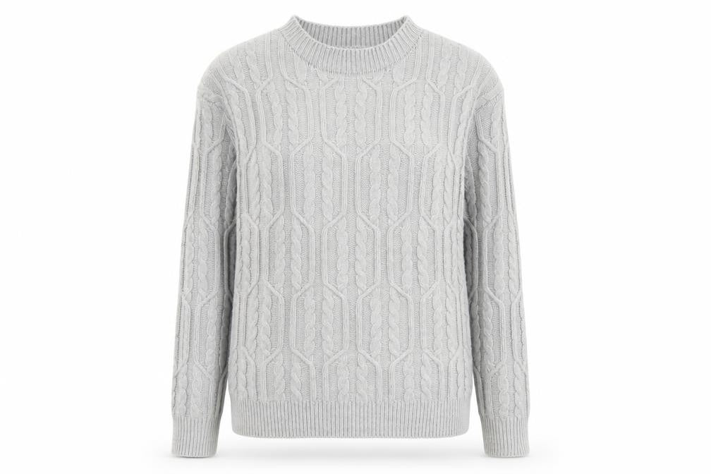 Front view of SHEIN women’s grey crew neck acrylic jumper, size S