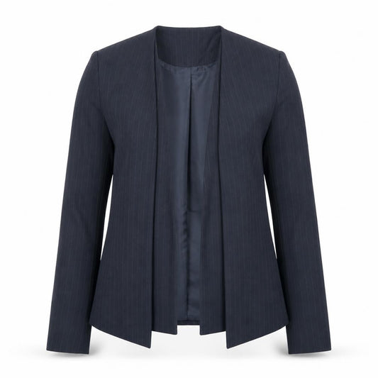 Front view of Next women’s blue striped jacket blazer, size UK 10