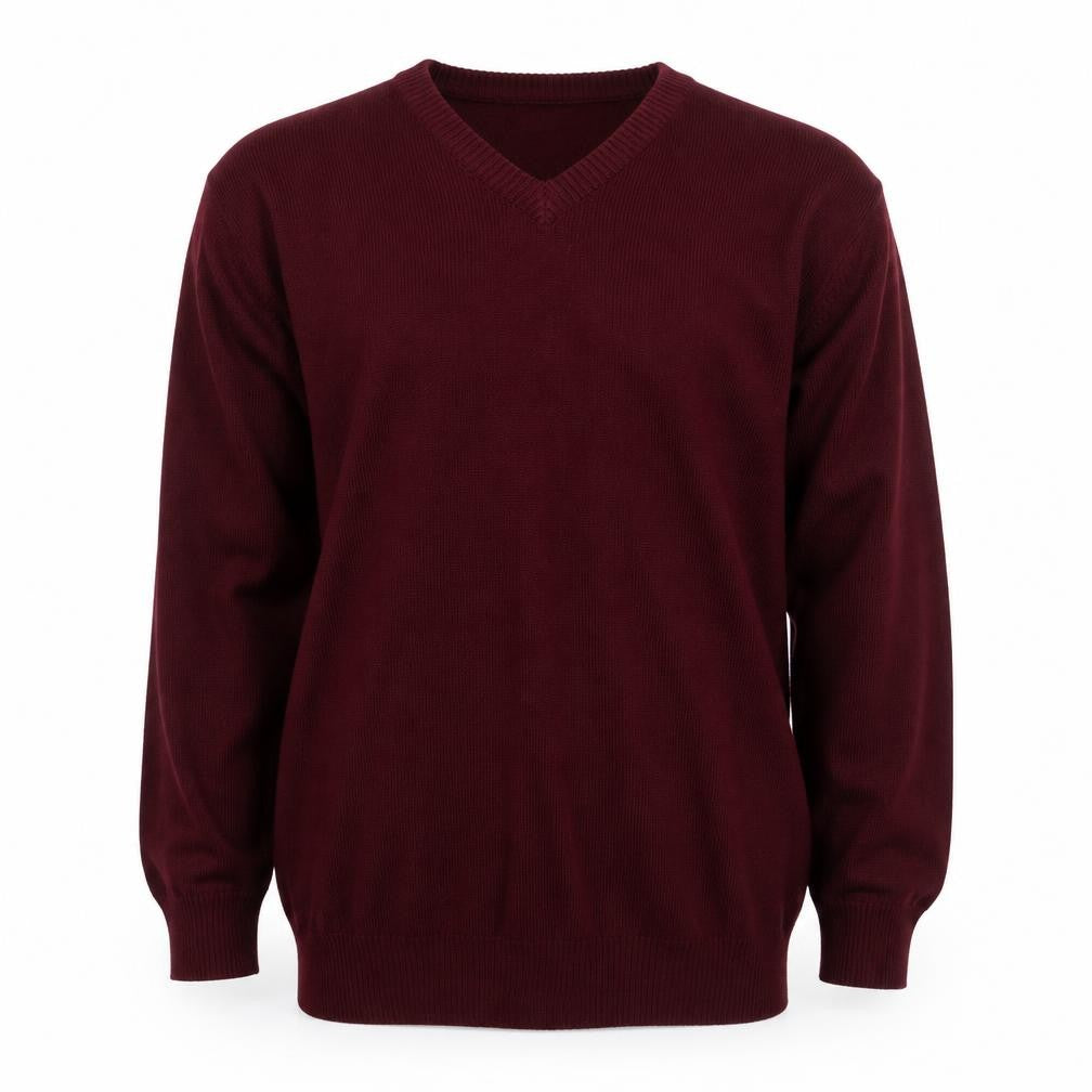 Front view of Chums men’s red v-neck acrylic jumper, size S, - burgundy