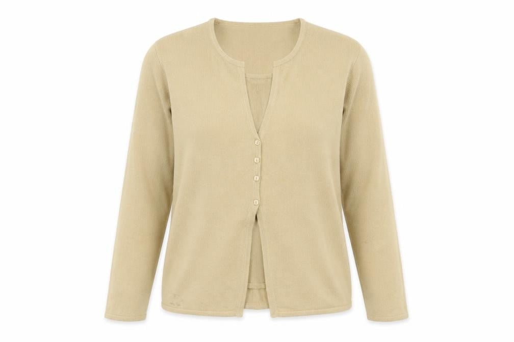 Front view of Accent women’s beige round neck acrylic jumper, size UK 10