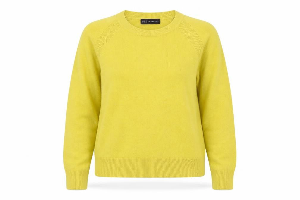 Front view of Marks & Spencer women’s yellow round neck acrylic jumper, size UK 12
