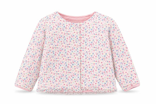 Front view of F&F girls’ multicoloured floral 100% cotton cardigan jumper, size 3-6, months button