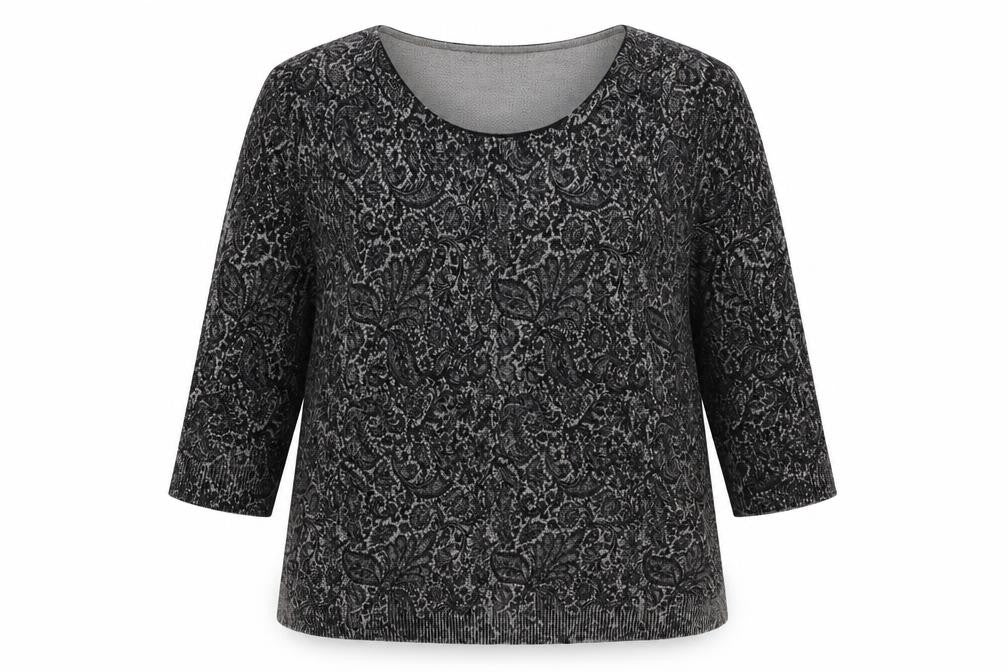 Front view of Bonmarché women’s grey scoop neck paisley acrylic jumper, size L