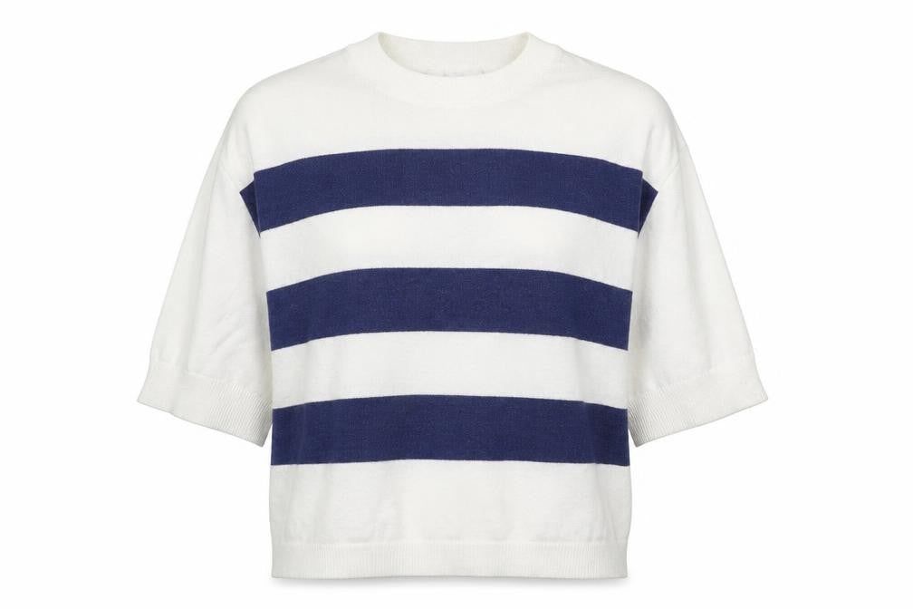 Front view of Object women’s white round neck striped nylon jumper, size XS