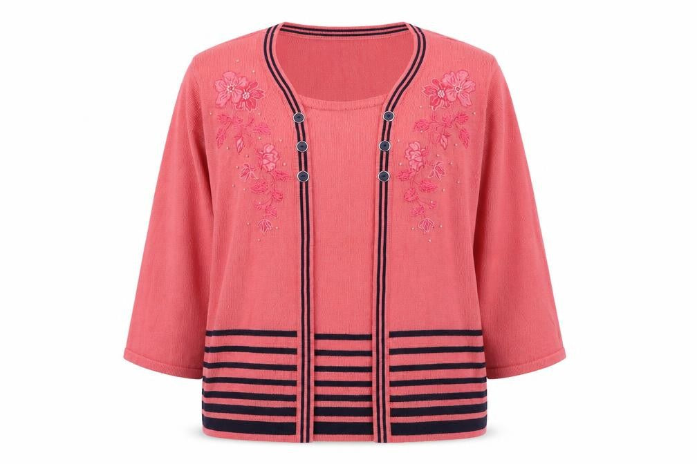 Front view of Classics women’s pink round neck striped acrylic jumper, size S