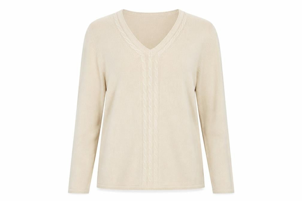 Front view of Bonmarché women’s beige v-neck acrylic jumper, size M