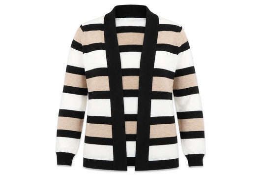 Front view of Papaya women’s multicoloured collared striped acrylic cardigan jumper, size UK 12