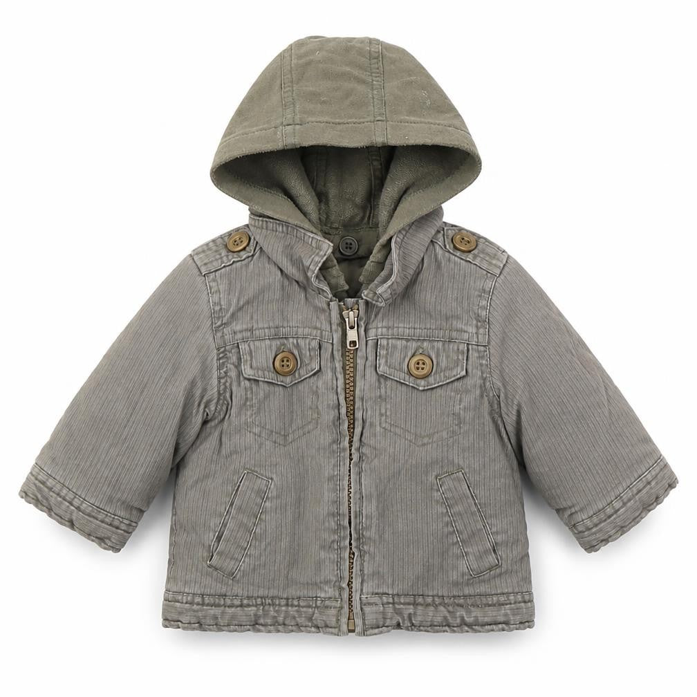 Front view of Mothercare boys’ green jacket coat, size 3-6, months zip