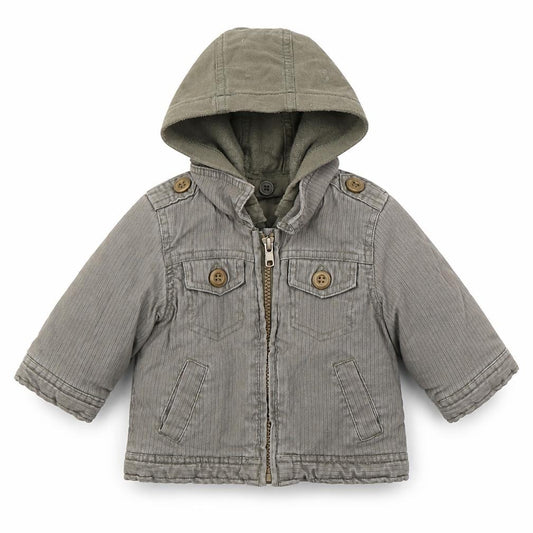 Front view of Mothercare boys’ green jacket coat, size 3-6, months zip