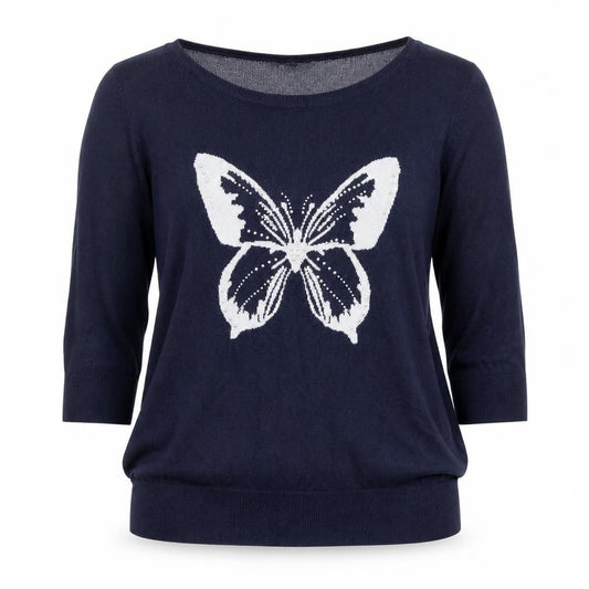 Front view of Wallis women’s blue viscose basic blouse, size M, round neck - butterfly