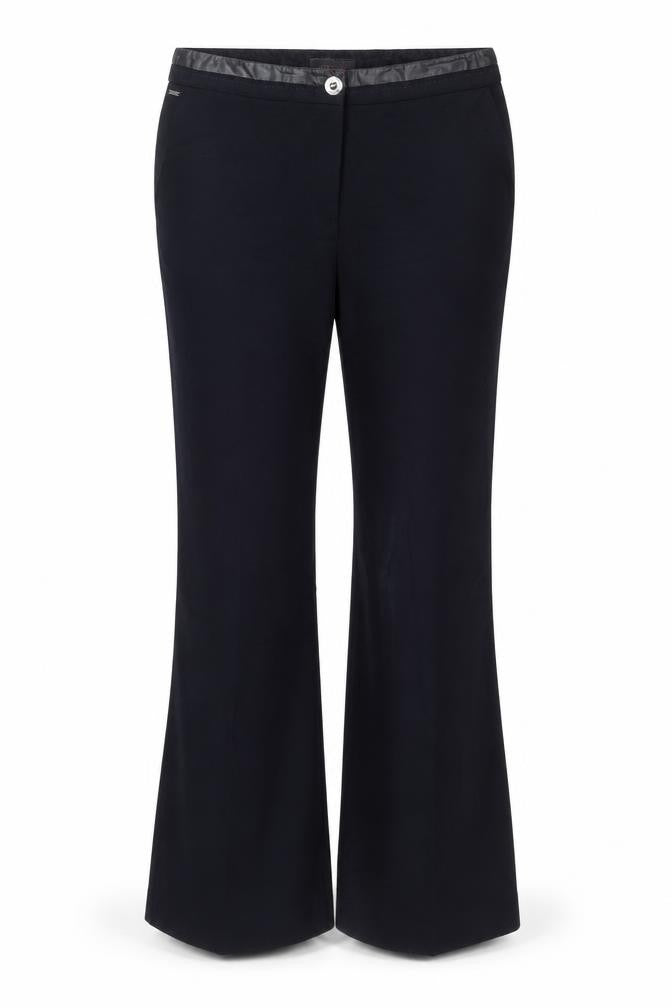 Front view of Per Una women’s blue polyester trousers, size UK 14, 28-inch leg regular button