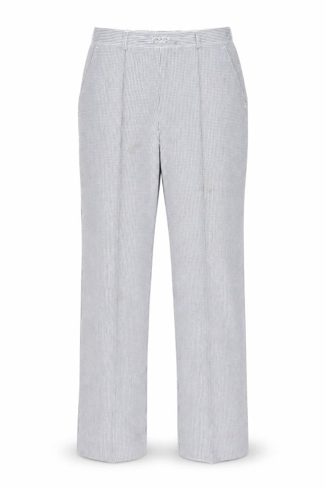 Front view of Preworn women’s white check polyester trousers, size UK 28, 29-inch leg regular