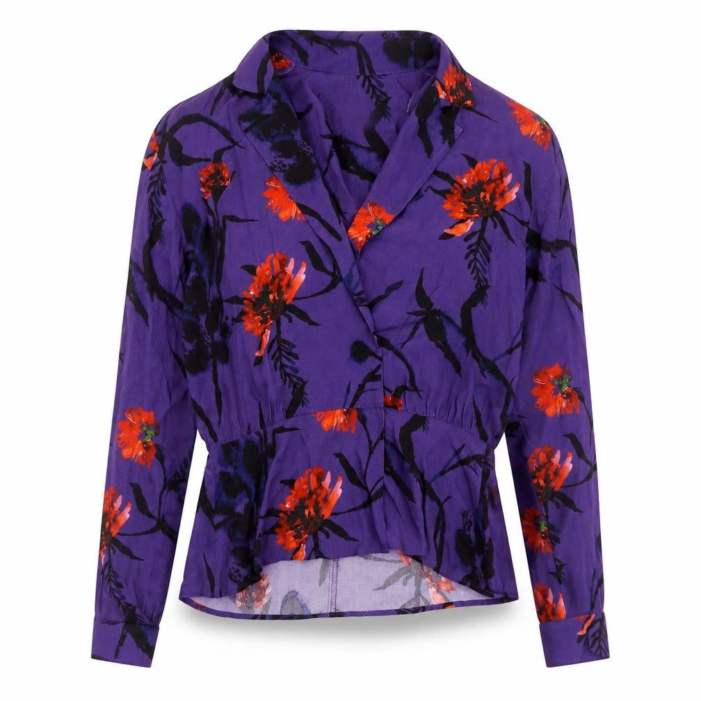 Front view of H&M women’s purple floral viscose basic blouse, size UK 6, collared