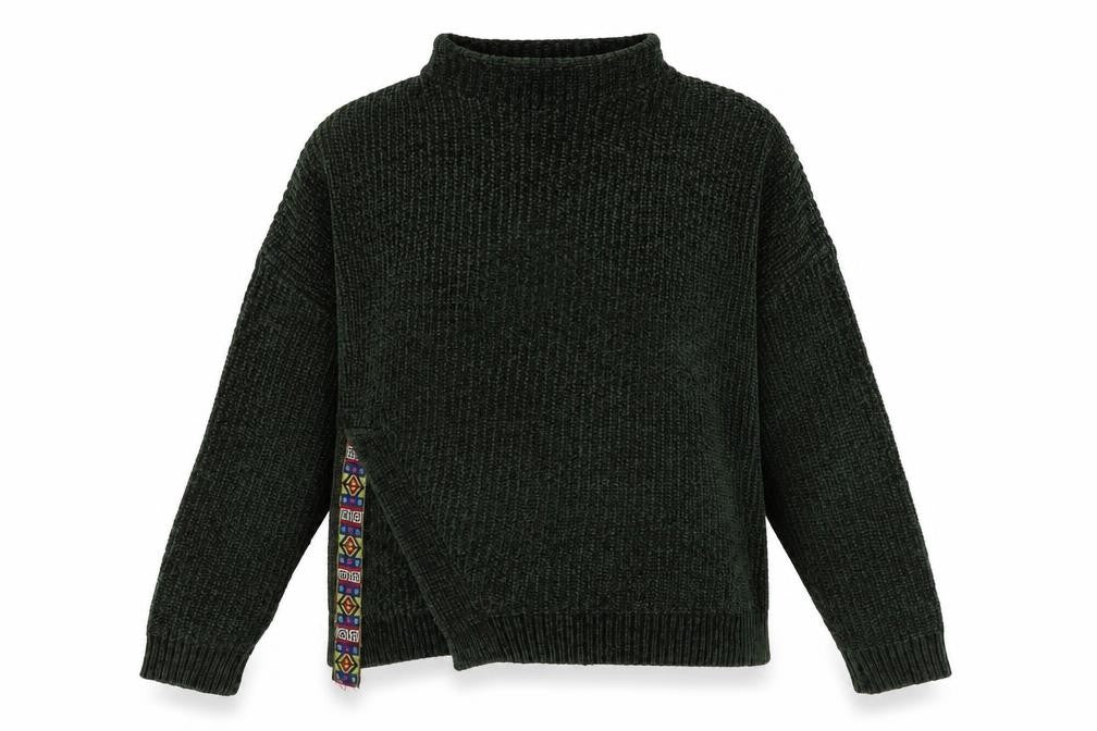 Front view of Flex Moda women’s green high neck acrylic jumper, size M