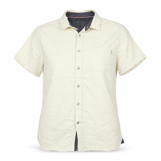 Front view of Morley women’s beige polyester basic button-up, size L, collared