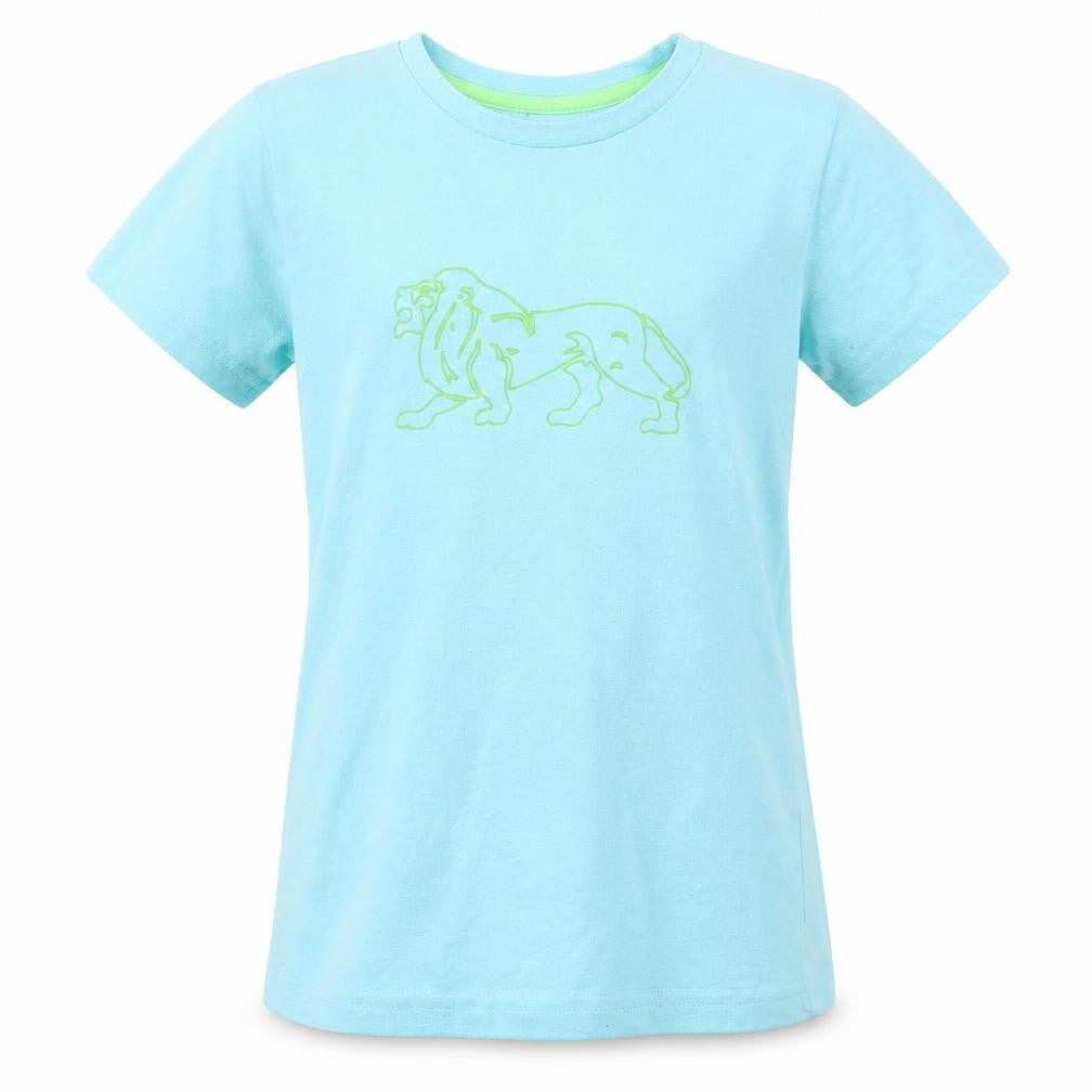 Front view of Lonsdale boys’ blue polyester basic t-shirt, size 9-10, years crew neck pullover
