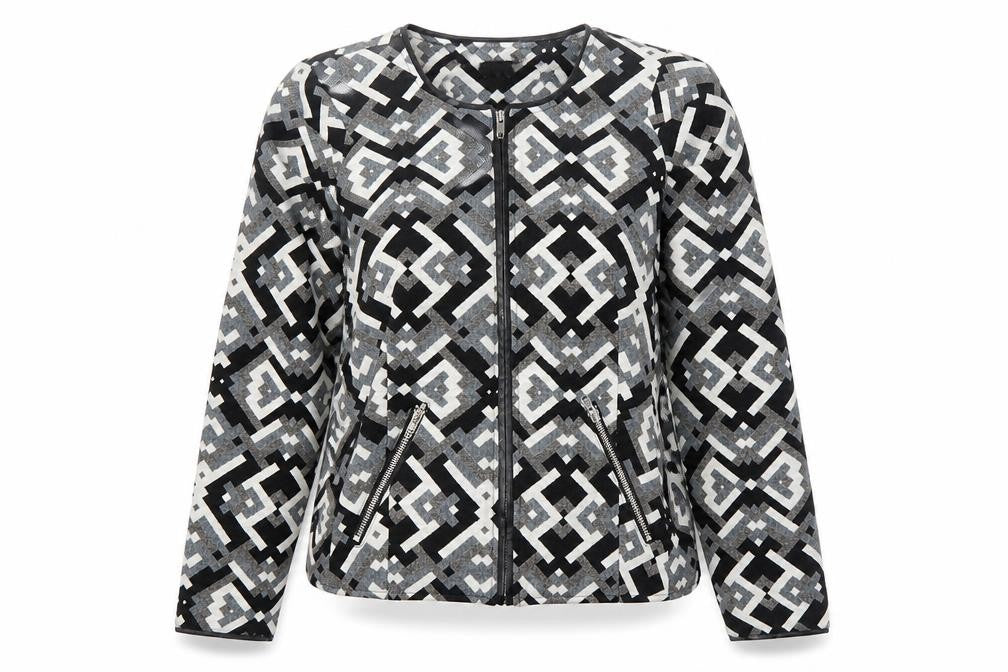 Front view of Minimum women’s multicoloured scoop neck geometric cotton full zip jumper, size UK 8