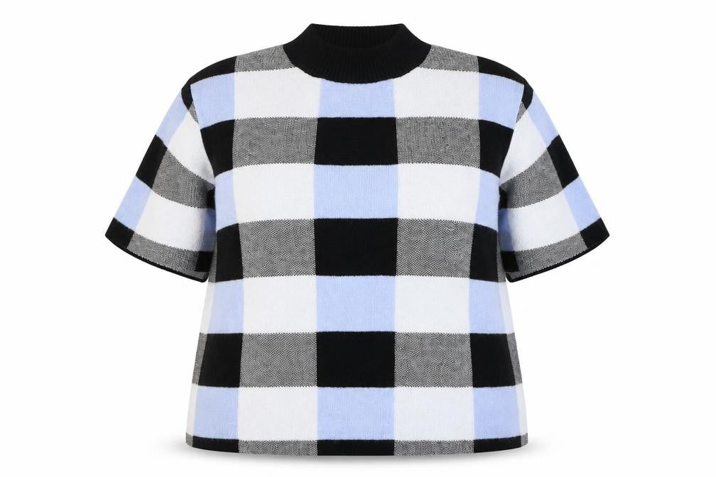 Front view of F&F women’s blue mock neck check acrylic jumper, size UK 18