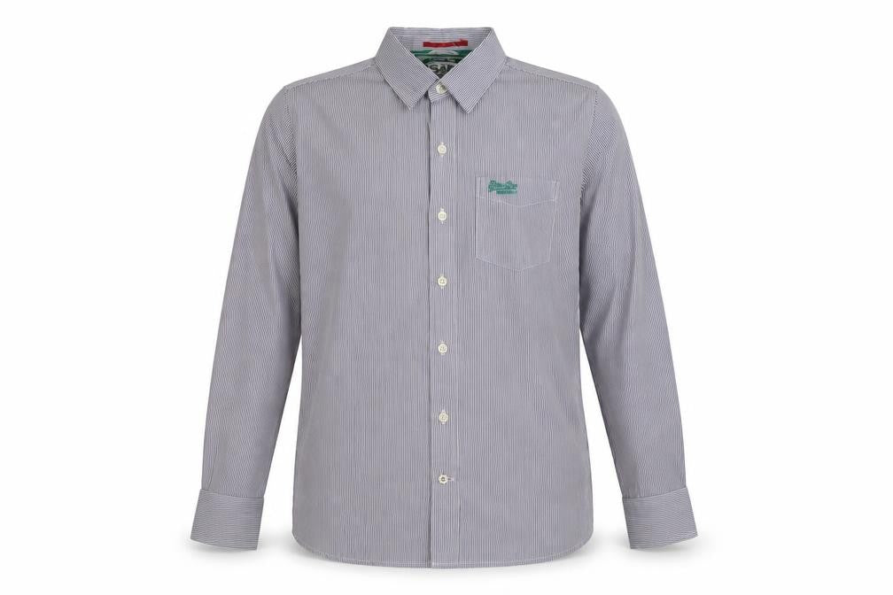 Front view of S&D men’s purple striped cotton button-up, size M, collared