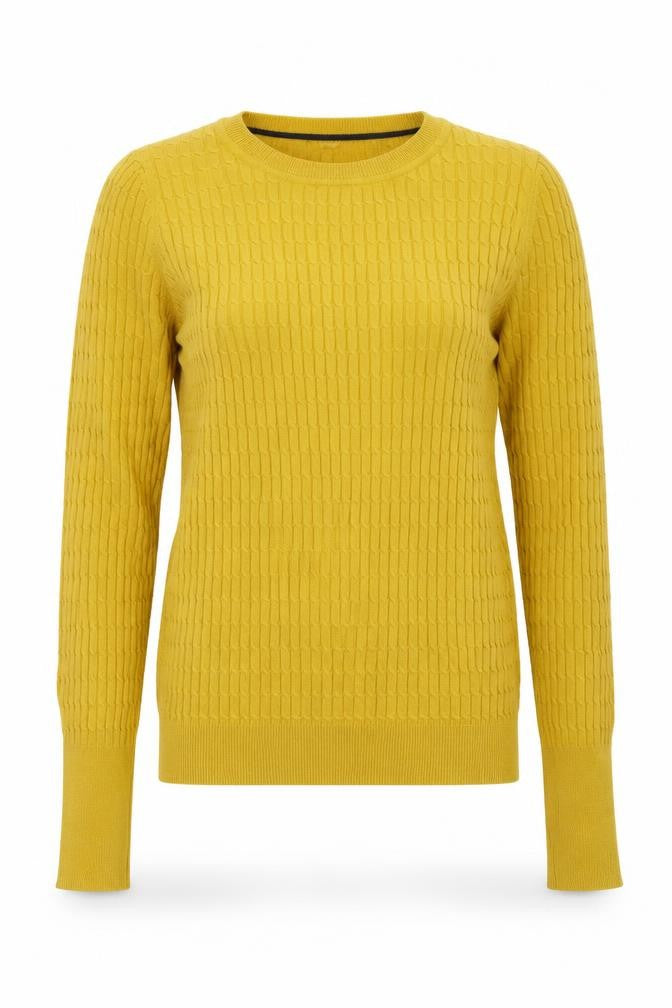 Front view of Next women’s yellow round neck cotton jumper, size UK 6