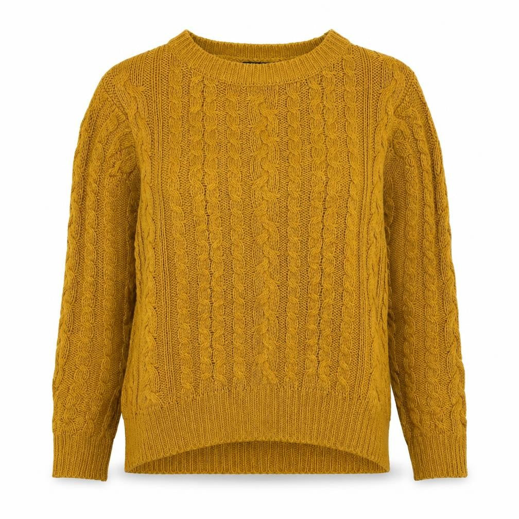 Front view of Atmosphere women’s yellow round neck acrylic jumper, size UK 12